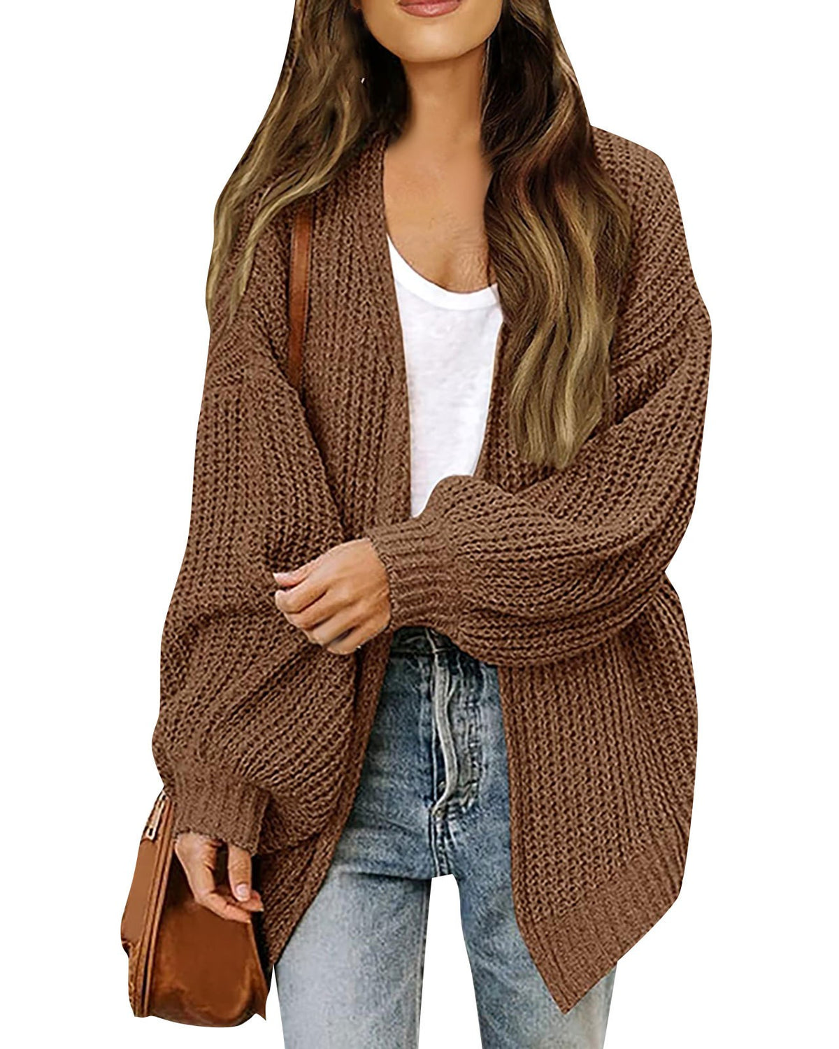 Chunky Open Front Batwing Sleeve Cardigan - Brown
