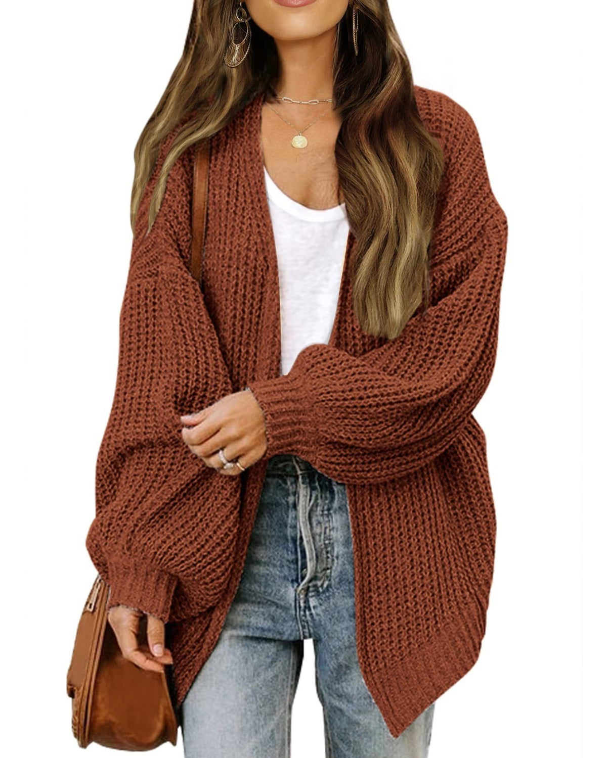 Chunky Open Front Batwing Sleeve Cardigan - Coffee - 1