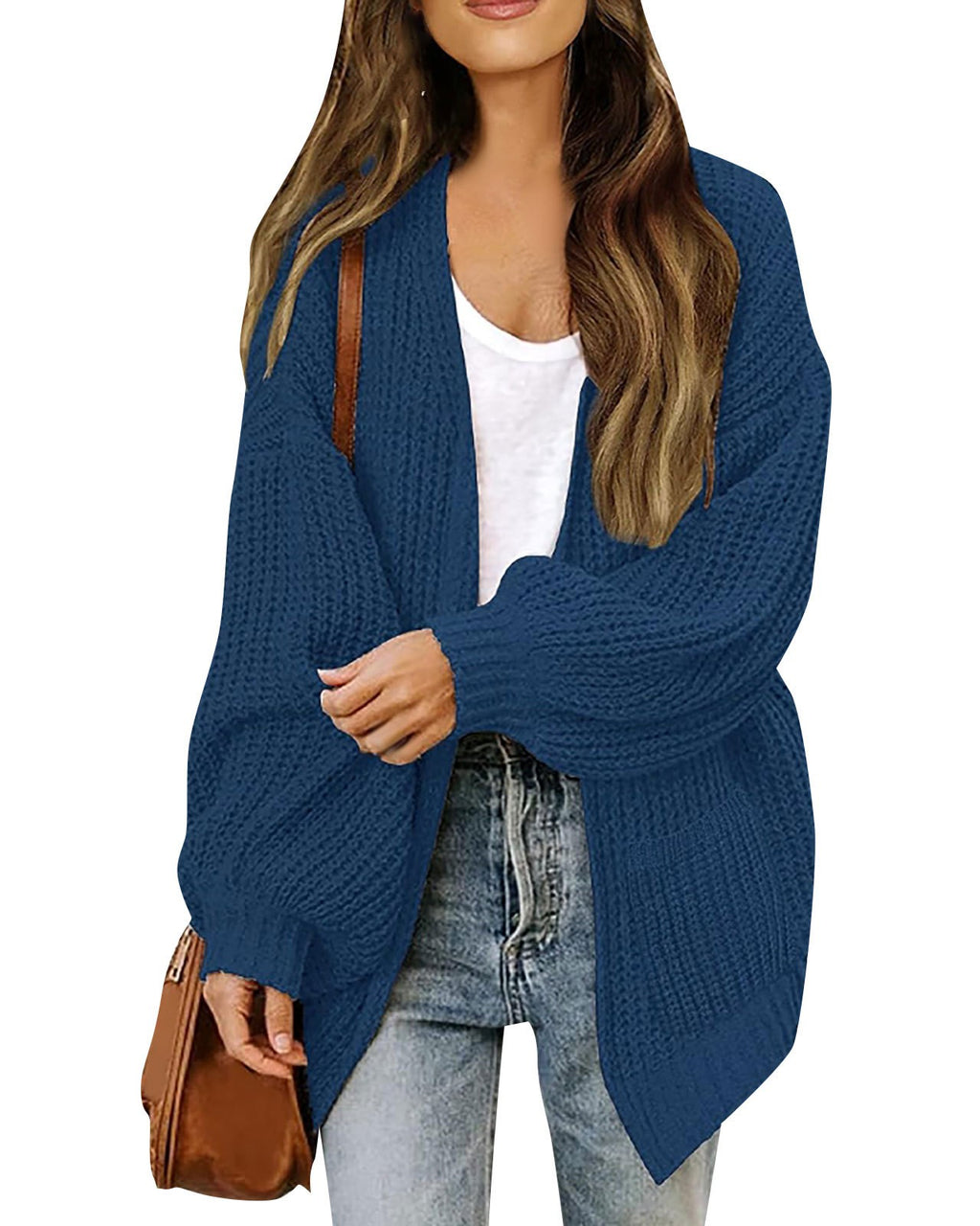 Chunky Open Front Batwing Sleeve Cardigan - Dark-Blue