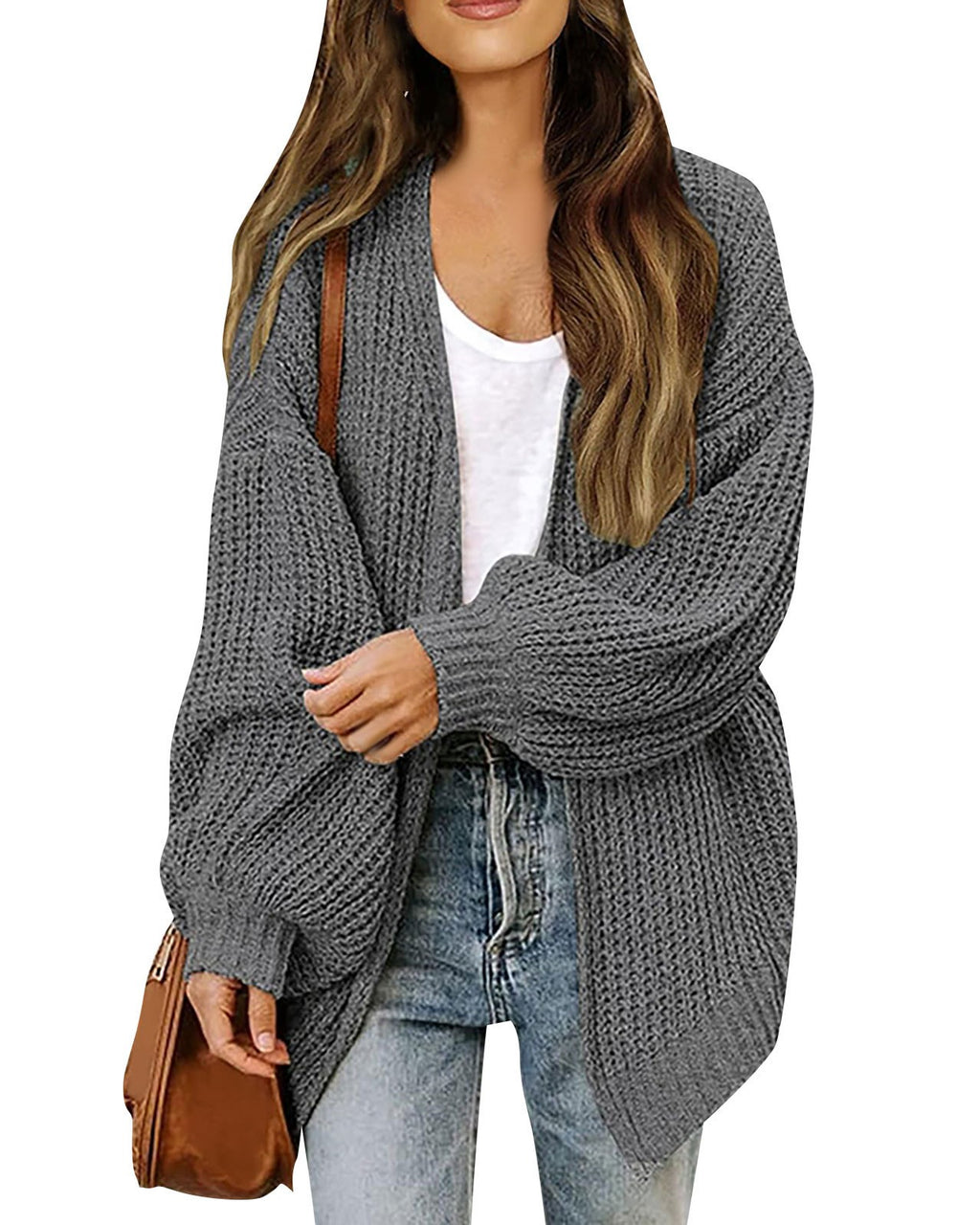 Chunky Open Front Batwing Sleeve Cardigan - Dark-Gray