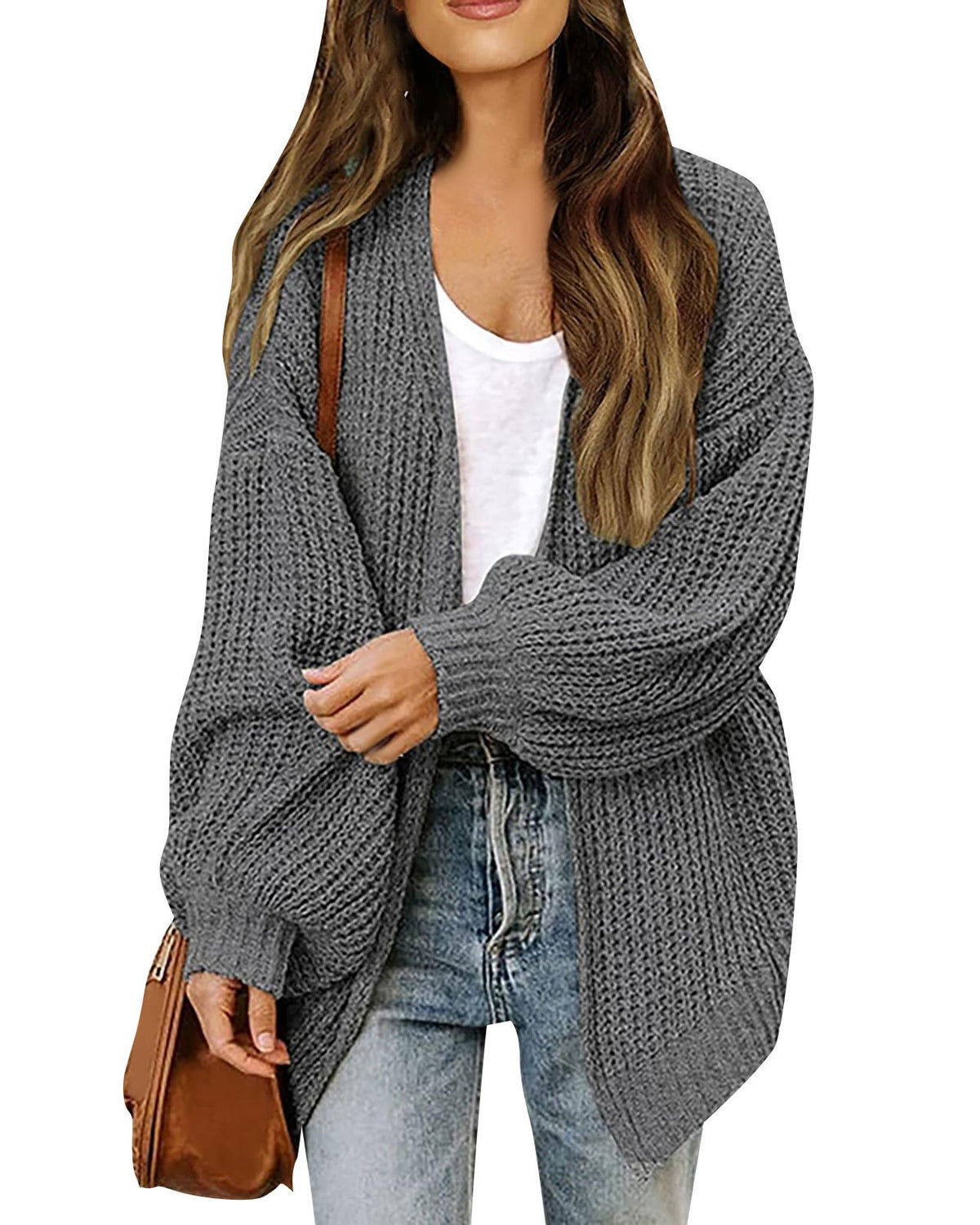 Chunky Open Front Batwing Sleeve Cardigan - Dark-Gray