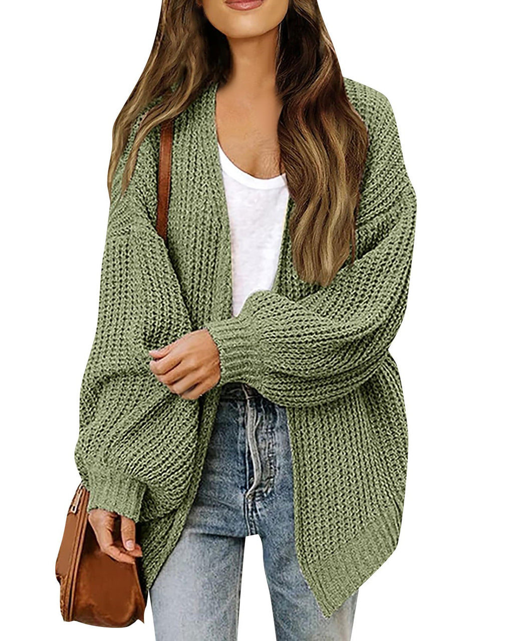 Chunky Open Front Batwing Sleeve Cardigan - Green