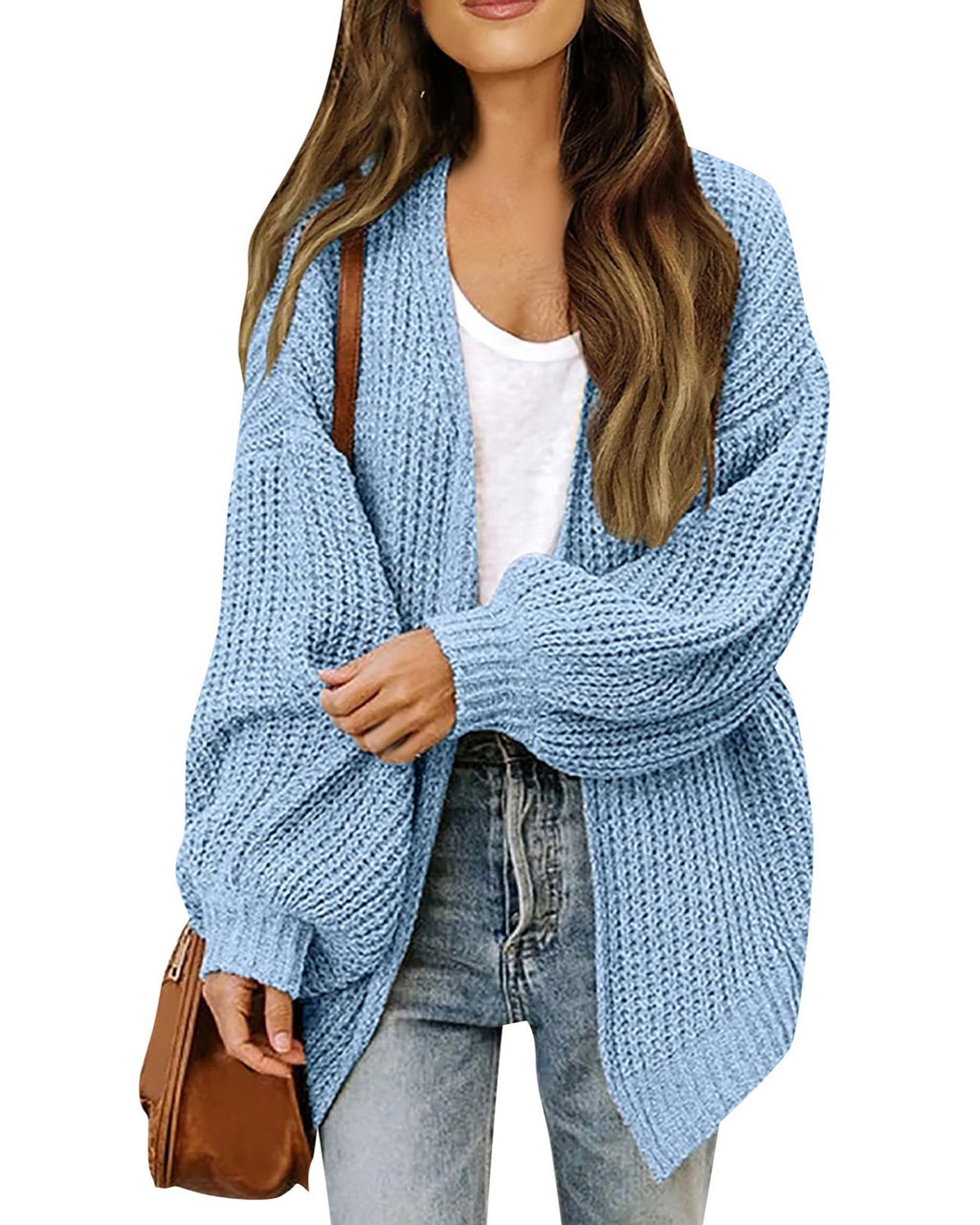 Chunky Open Front Batwing Sleeve Cardigan - Light-Blue