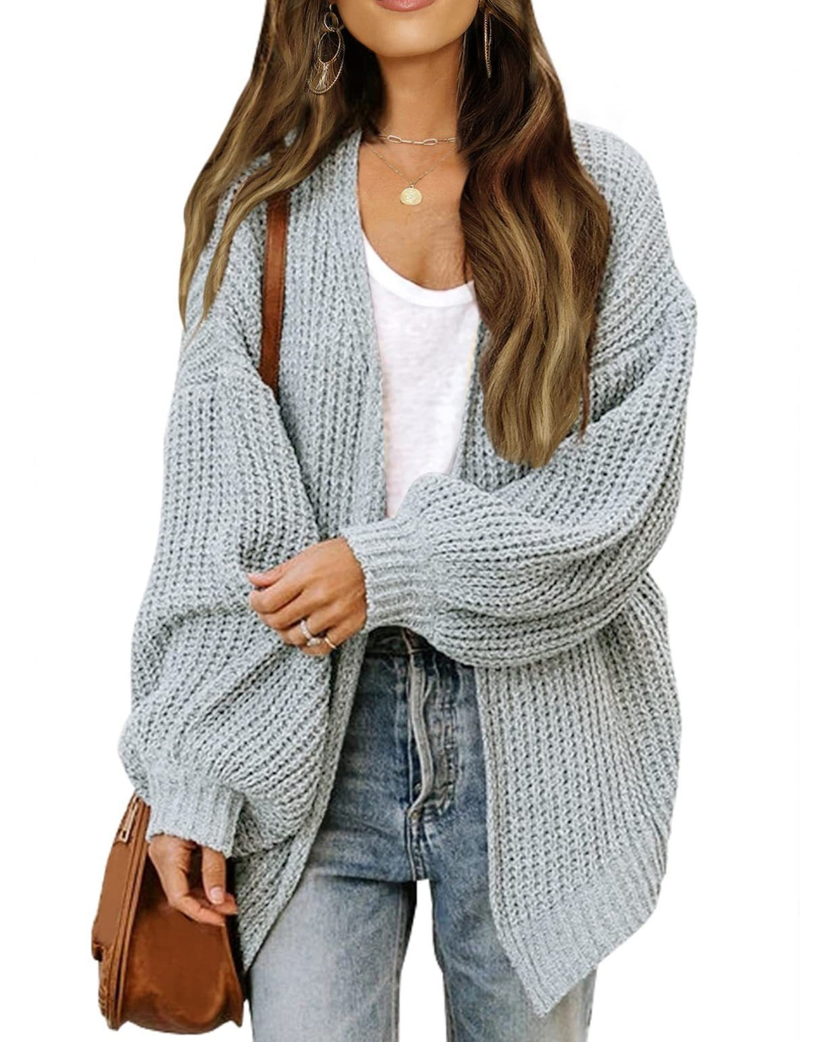 Chunky Open Front Batwing Sleeve Cardigan - Light-Gray