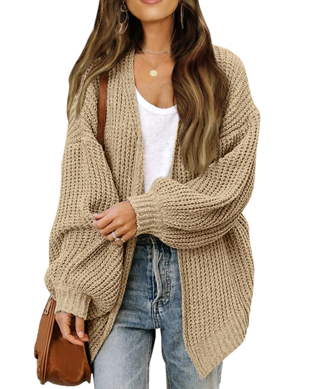 Chunky Open Front Batwing Sleeve Cardigan - Light-Khaki