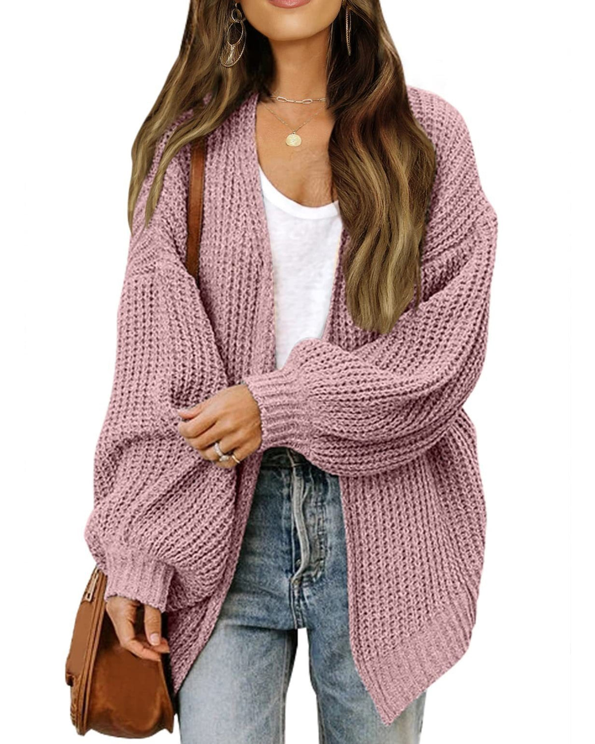 Chunky Open Front Batwing Sleeve Cardigan - Pink