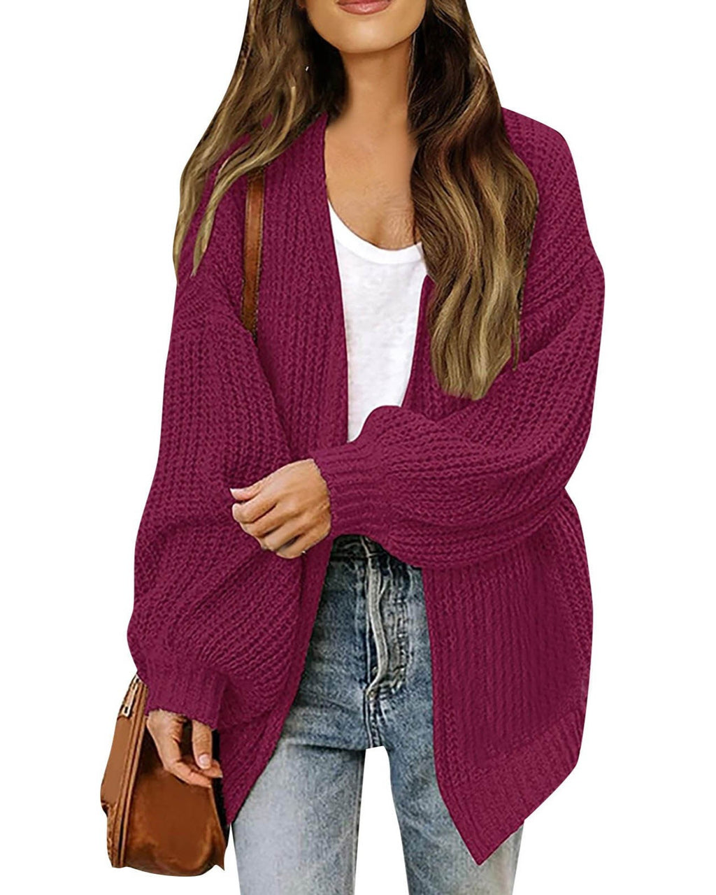 Chunky Open Front Batwing Sleeve Cardigan - Red