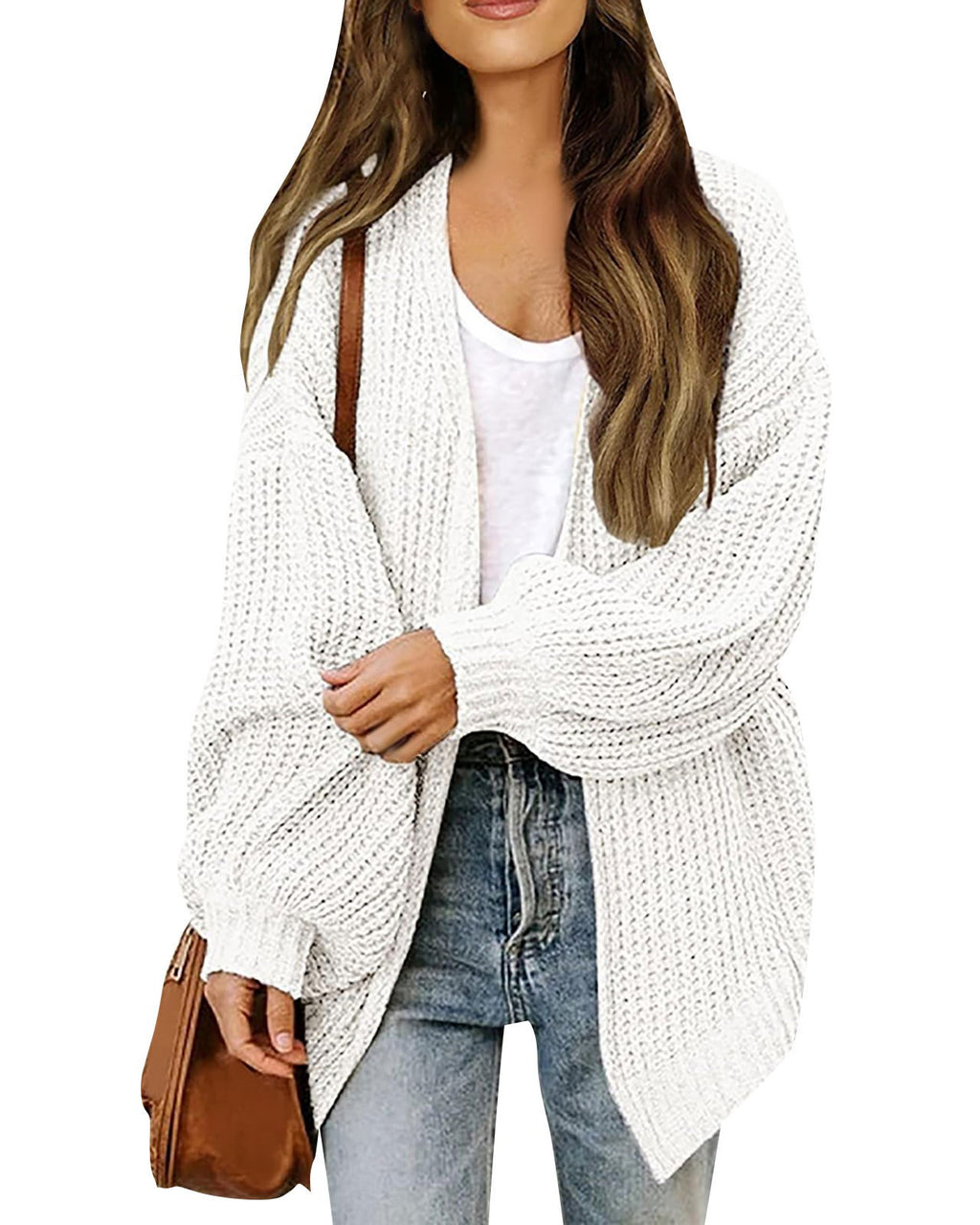 Chunky Open Front Batwing Sleeve Cardigan - White