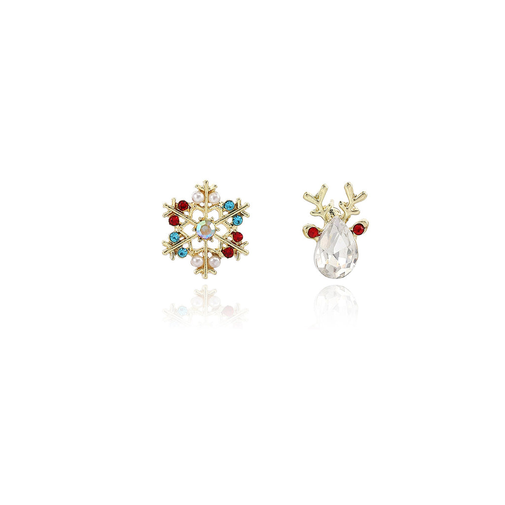 Crystal Snowflake and Reindeer Stud Earrings - Gold