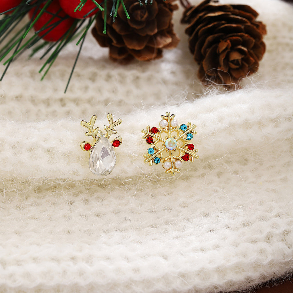Crystal Snowflake and Reindeer Stud Earrings - Gold - 2