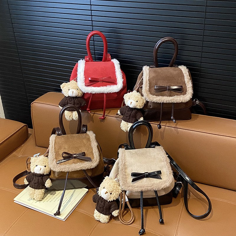 Faux Suede Mini Backpack with Teddy Charm