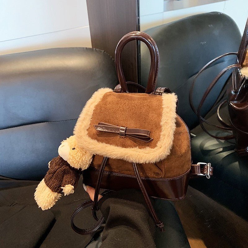 Faux Suede Mini Backpack with Teddy Charm