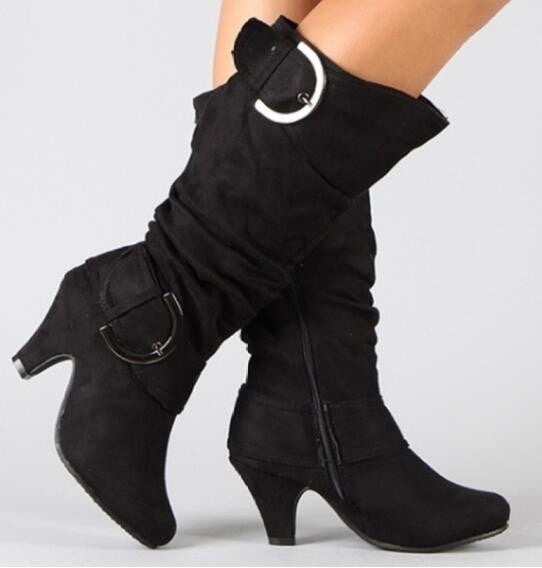 Slouchy Faux Suede Buckle Knee High Boots - Black
