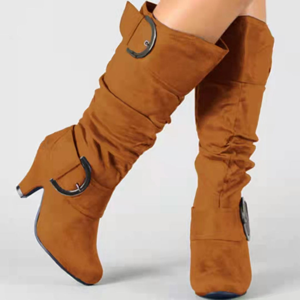 Slouchy Faux Suede Buckle Knee High Boots - Camel