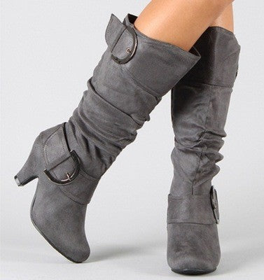 Slouchy Faux Suede Buckle Knee High Boots - Gray