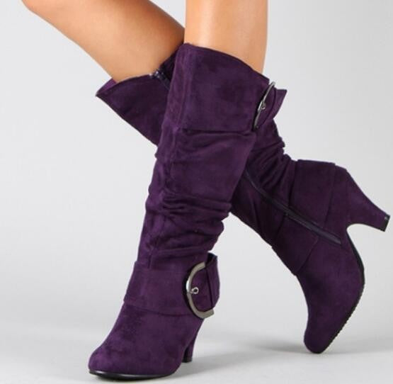 Slouchy Faux Suede Buckle Knee High Boots - Purple
