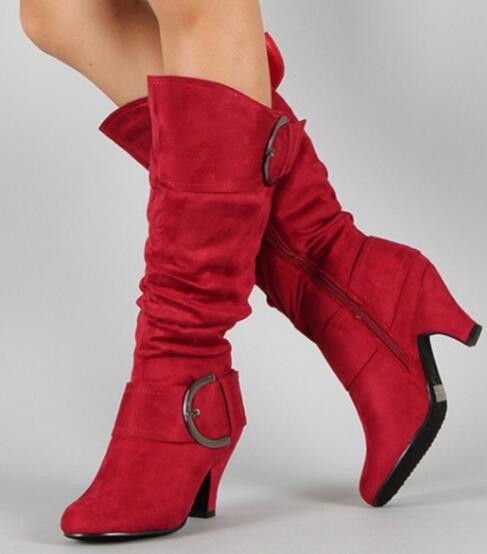 Slouchy Faux Suede Buckle Knee High Boots - Red