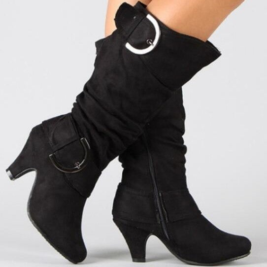 Slouchy Faux Suede Buckle Knee High Boots