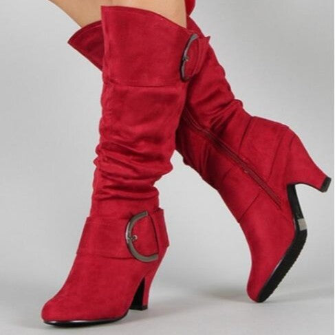 Slouchy Faux Suede Buckle Knee High Boots