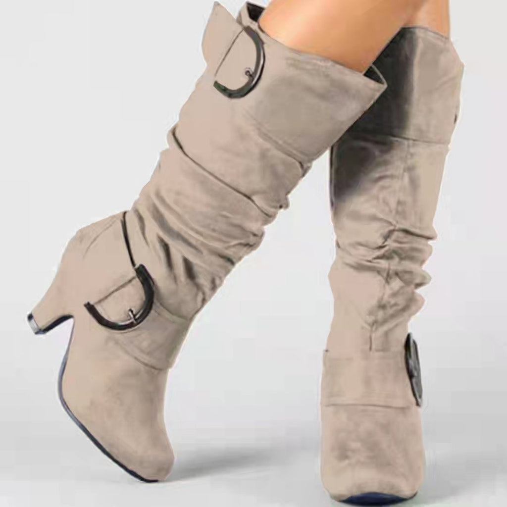 Slouchy Faux Suede Buckle Knee High Boots