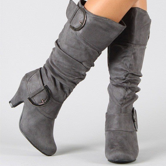 Slouchy Faux Suede Buckle Knee High Boots