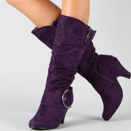 Slouchy Faux Suede Buckle Knee High Boots