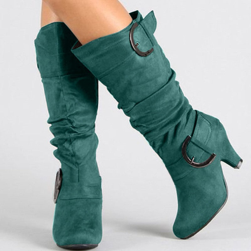 Slouchy Faux Suede Buckle Knee High Boots