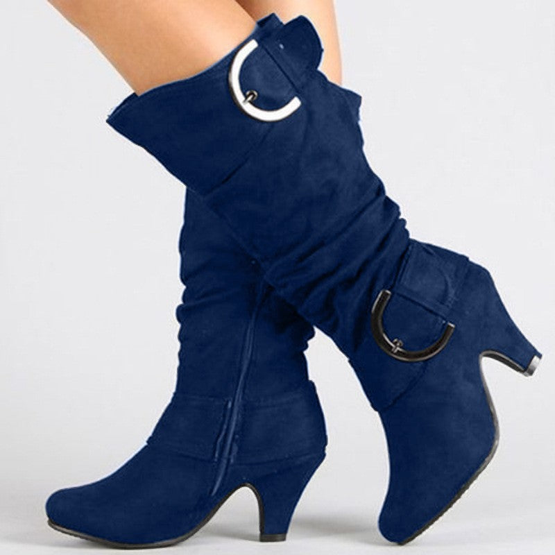 Slouchy Faux Suede Buckle Knee High Boots