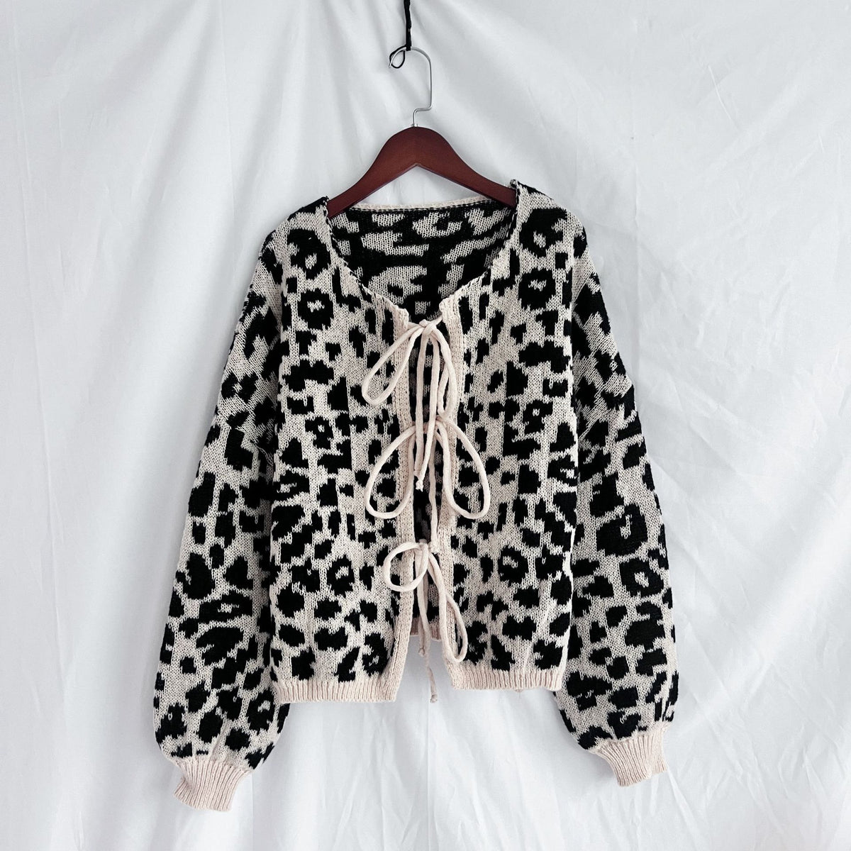 Leopard Print Tie Front Fuzzy Cardigan - Black