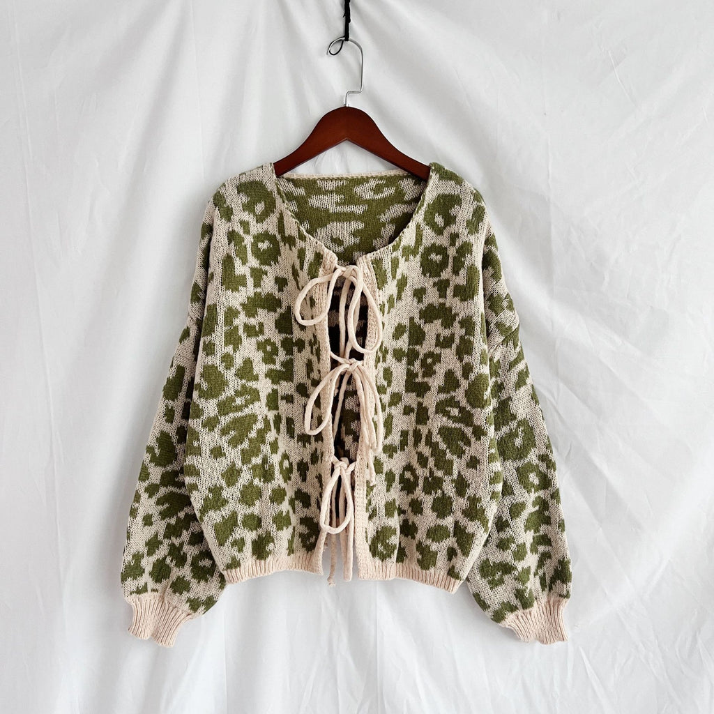 Leopard Print Tie Front Fuzzy Cardigan - Green