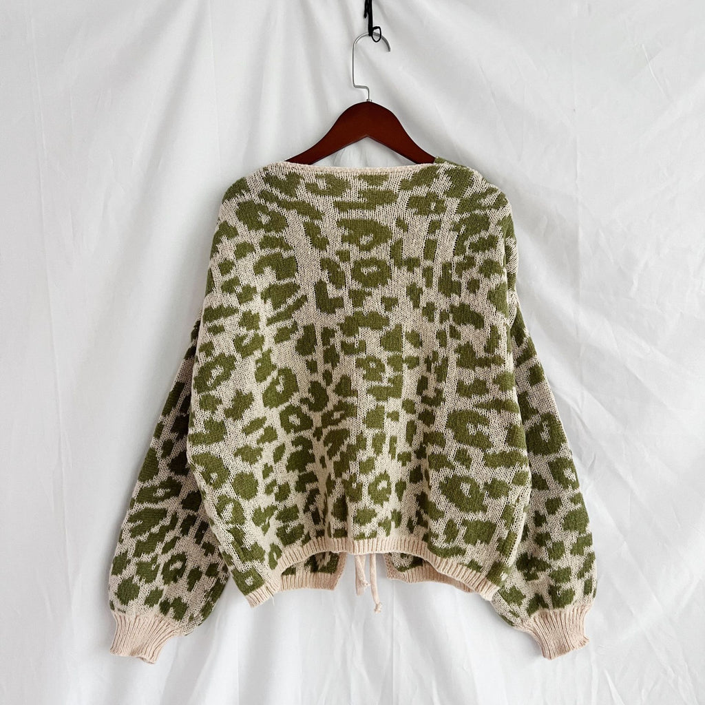 Leopard Print Tie Front Fuzzy Cardigan - Green - 1