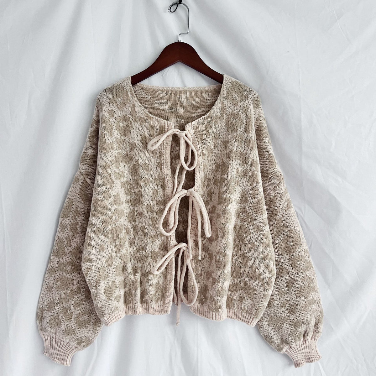 Leopard Print Tie Front Fuzzy Cardigan - Khaki
