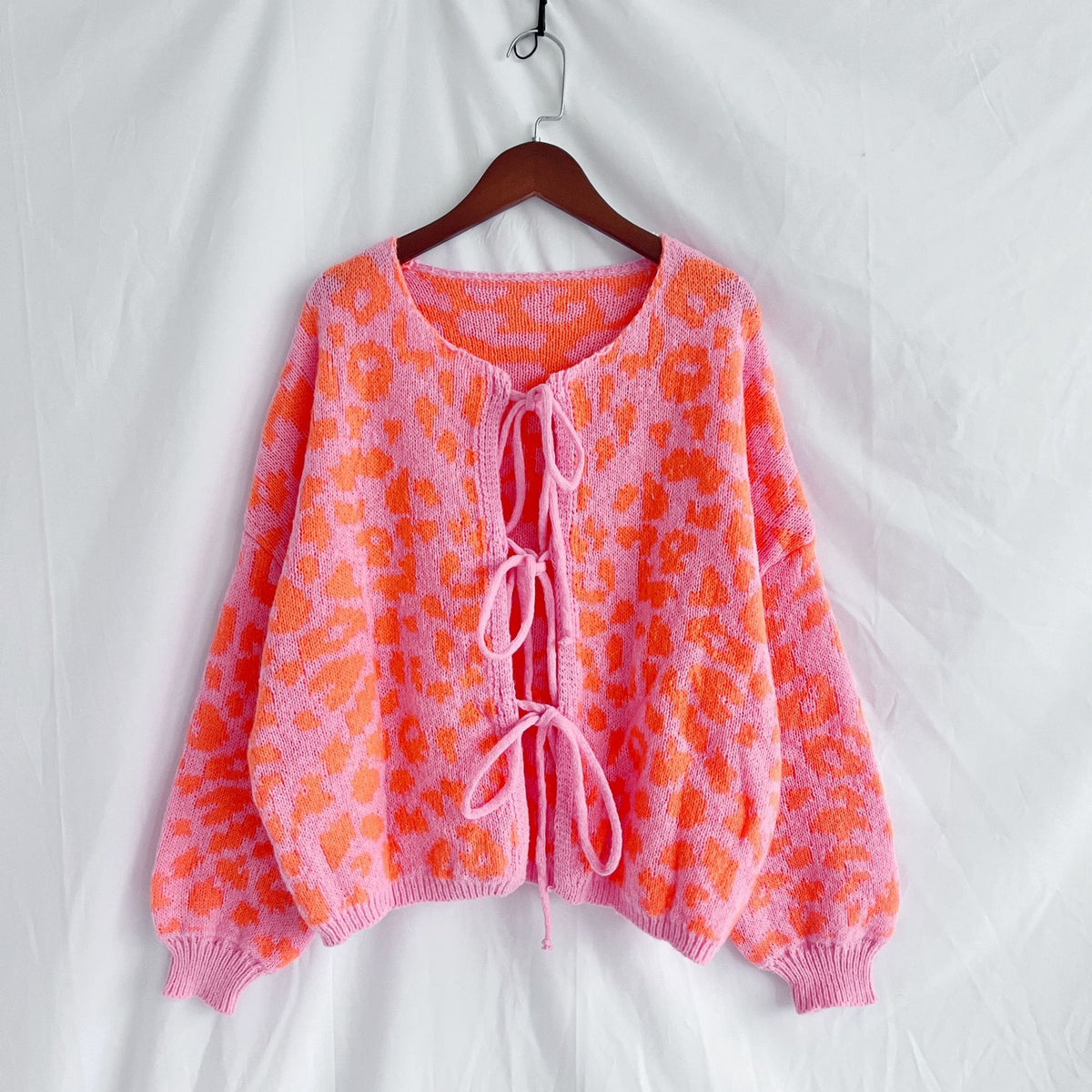 Leopard Print Tie Front Fuzzy Cardigan - Orange - 1