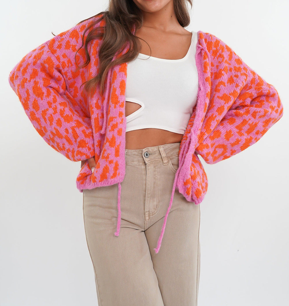 Leopard Print Tie Front Fuzzy Cardigan - Orange - 4
