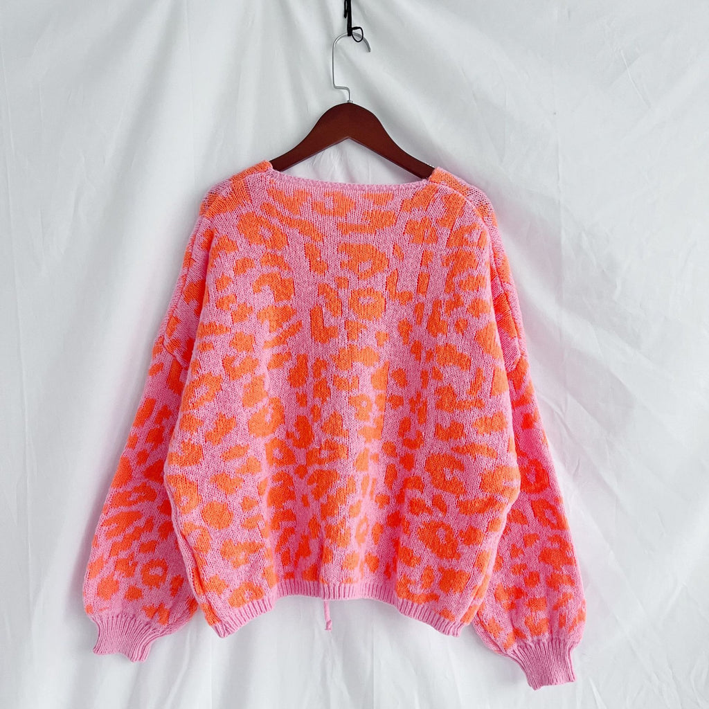 Leopard Print Tie Front Fuzzy Cardigan - Orange - 5