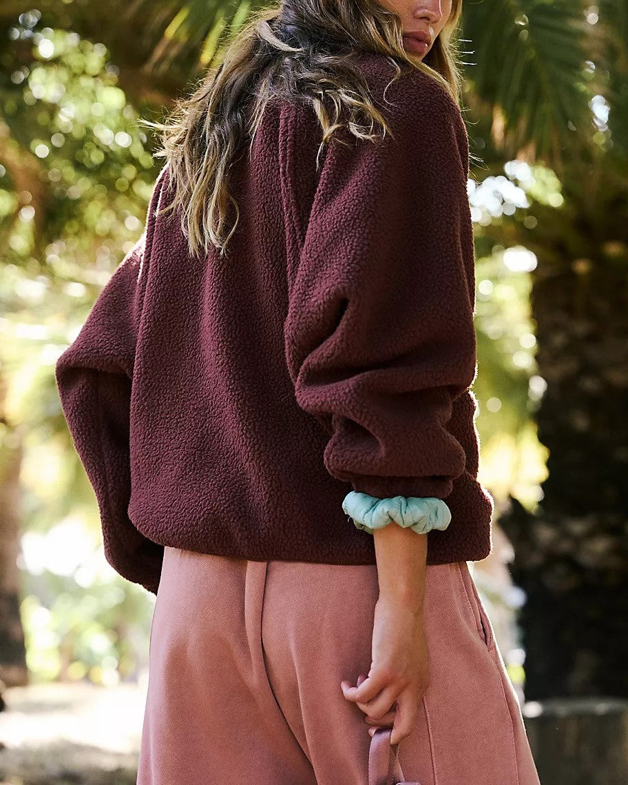 Oversized Sherpa Fleece Snap Front Jacket - Coffee - 1