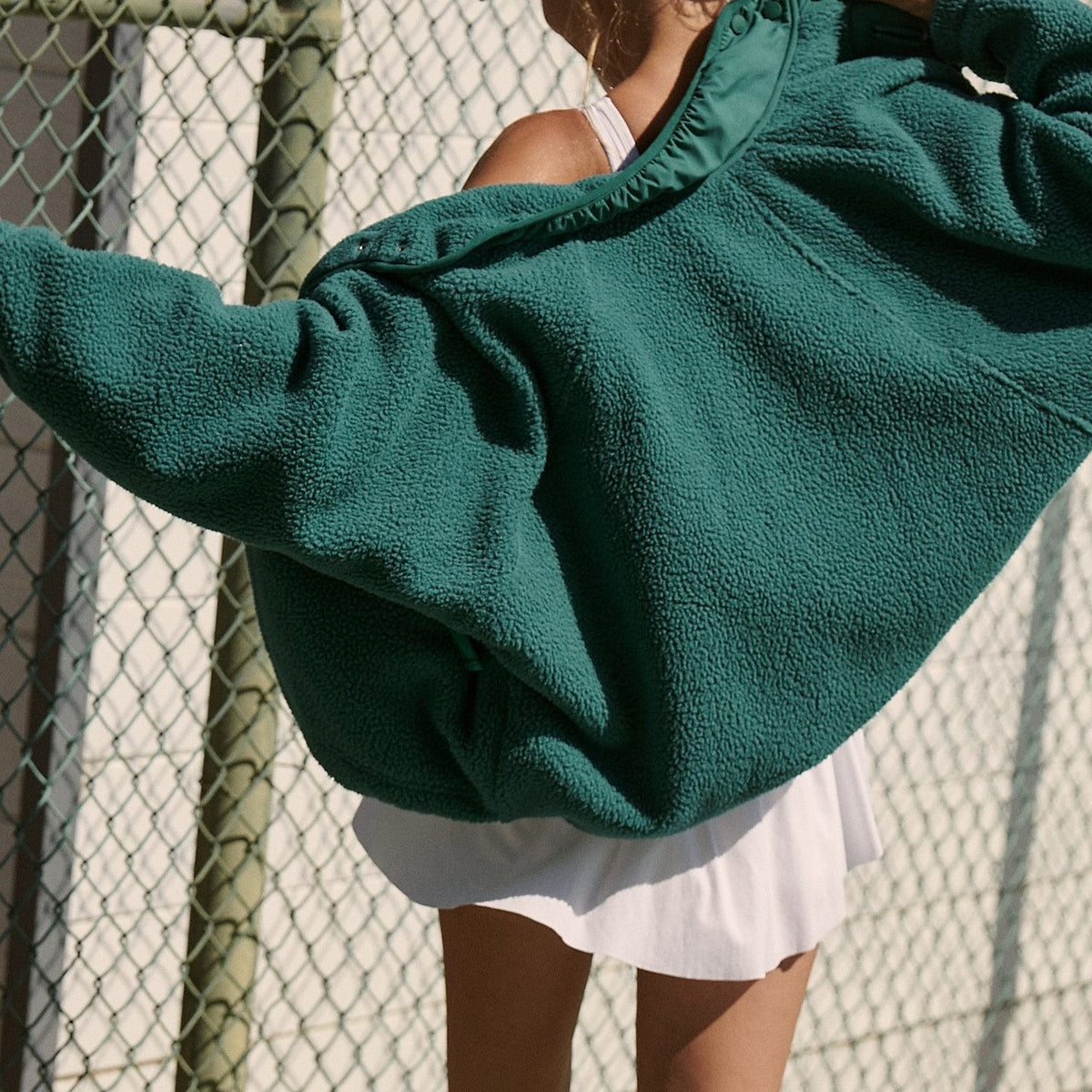Oversized Sherpa Fleece Snap Front Jacket - DkGreen - 2