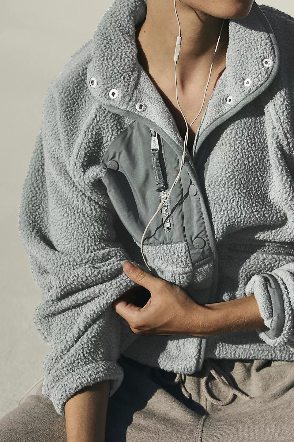 Oversized Sherpa Fleece Snap Front Jacket - Gray
