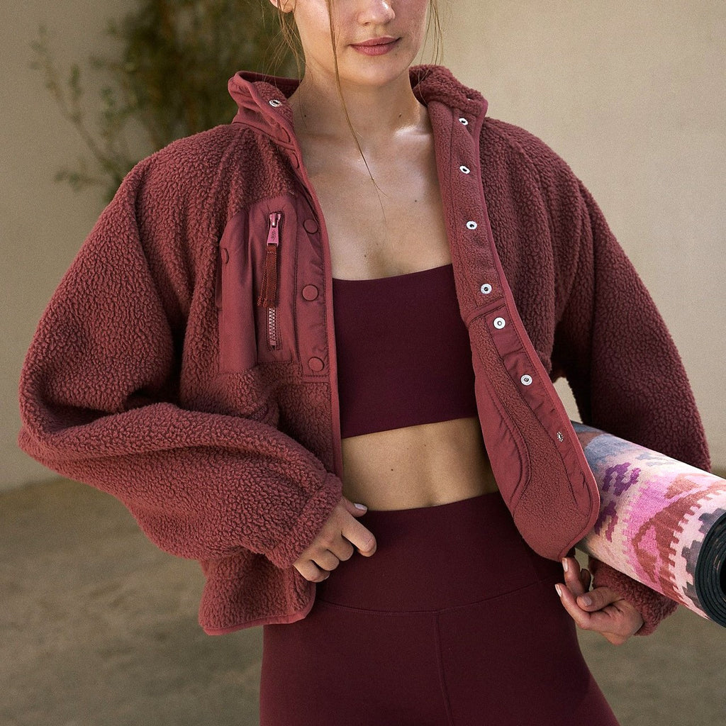 Oversized Sherpa Fleece Snap Front Jacket - WineRed