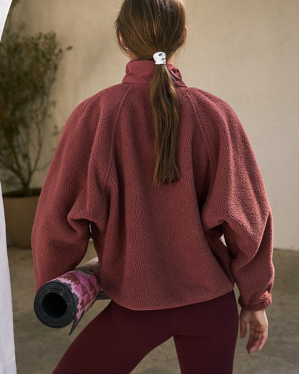 Oversized Sherpa Fleece Snap Front Jacket - WineRed - 1