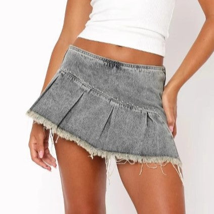 Frayed Pleated Micro Denim Mini Skirt - Denim - 1
