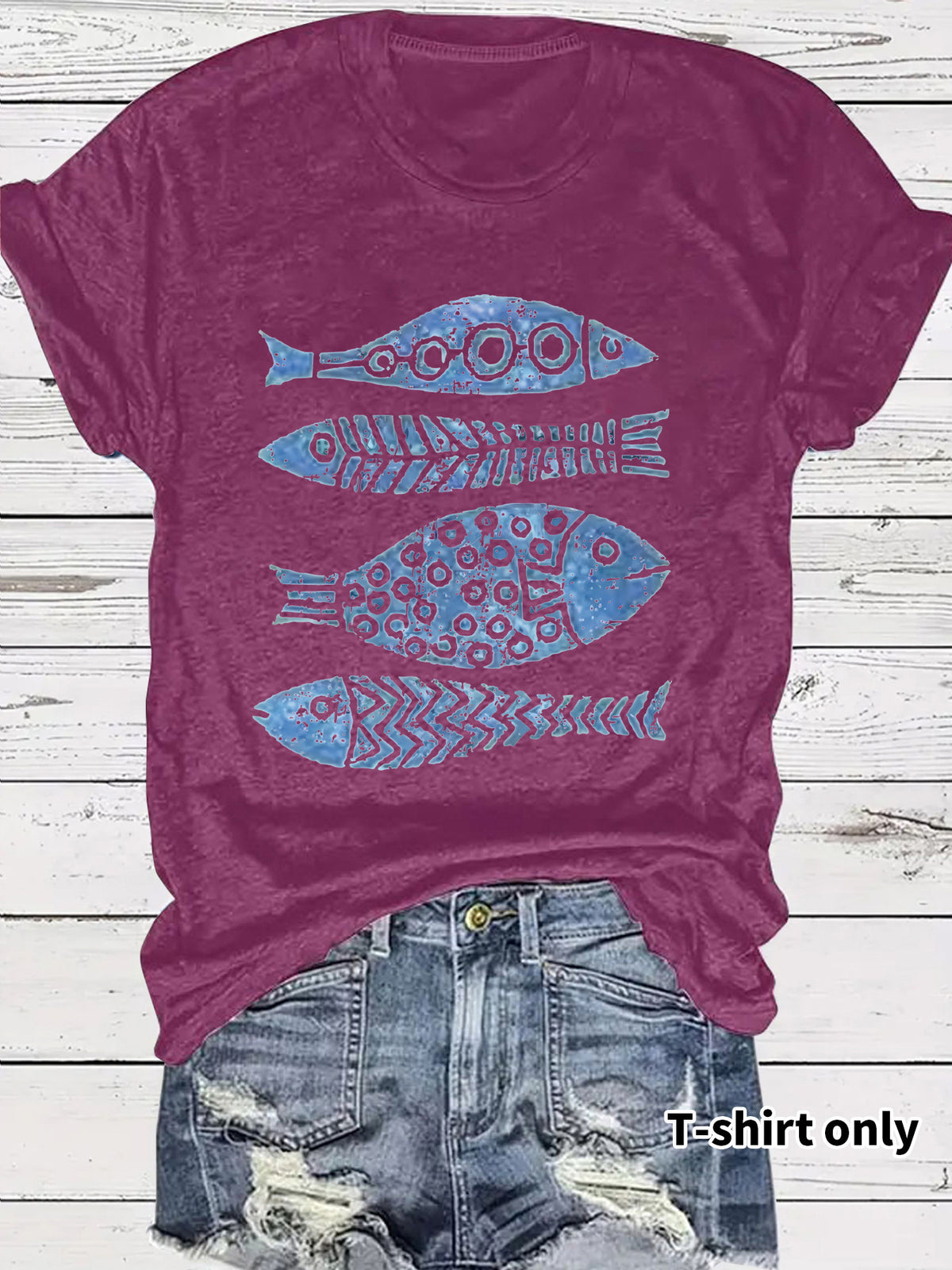 Retro Sardine-Can Print Crewneck Graphic Tee - Purple