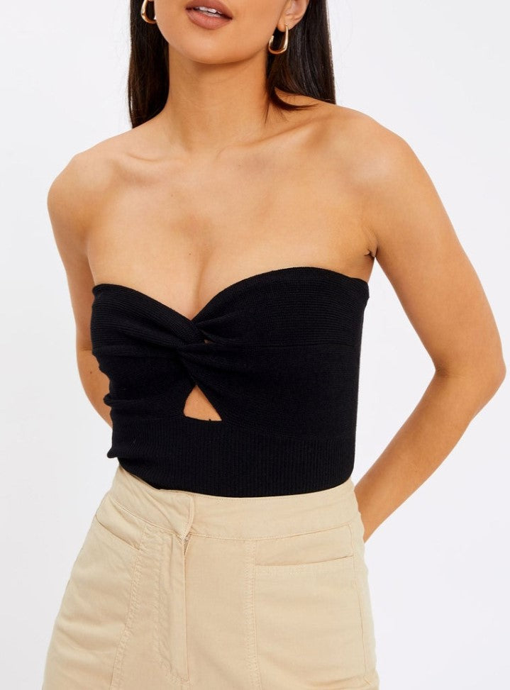Twist Front Keyhole Knit Bandeau Top - Black - 2