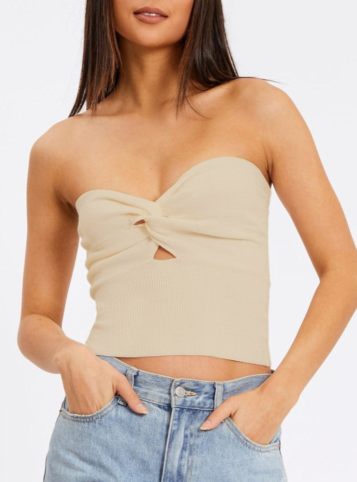 Twist Front Keyhole Knit Bandeau Top - Khaki - 3