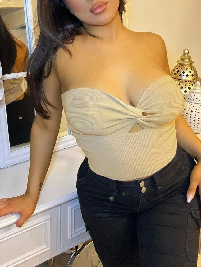 Twist Front Keyhole Knit Bandeau Top - Khaki - 4