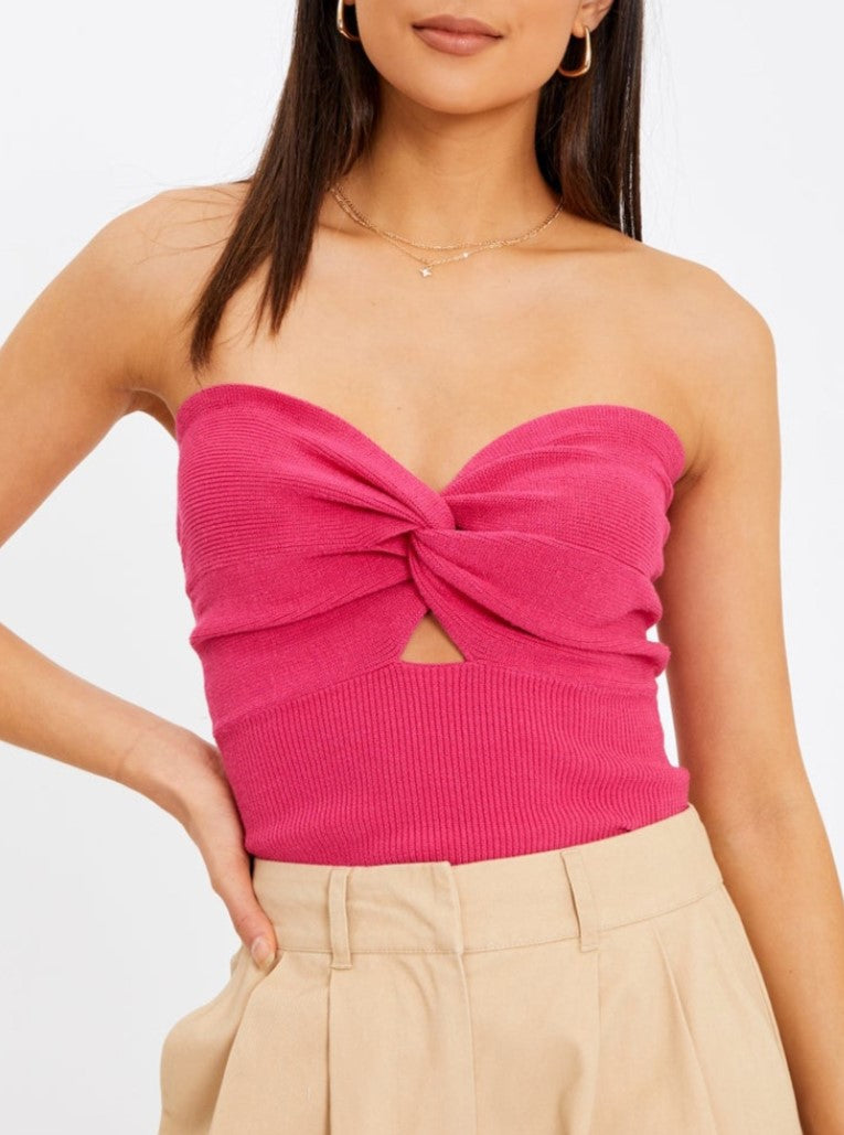 Twist Front Keyhole Knit Bandeau Top - Rosered - 2