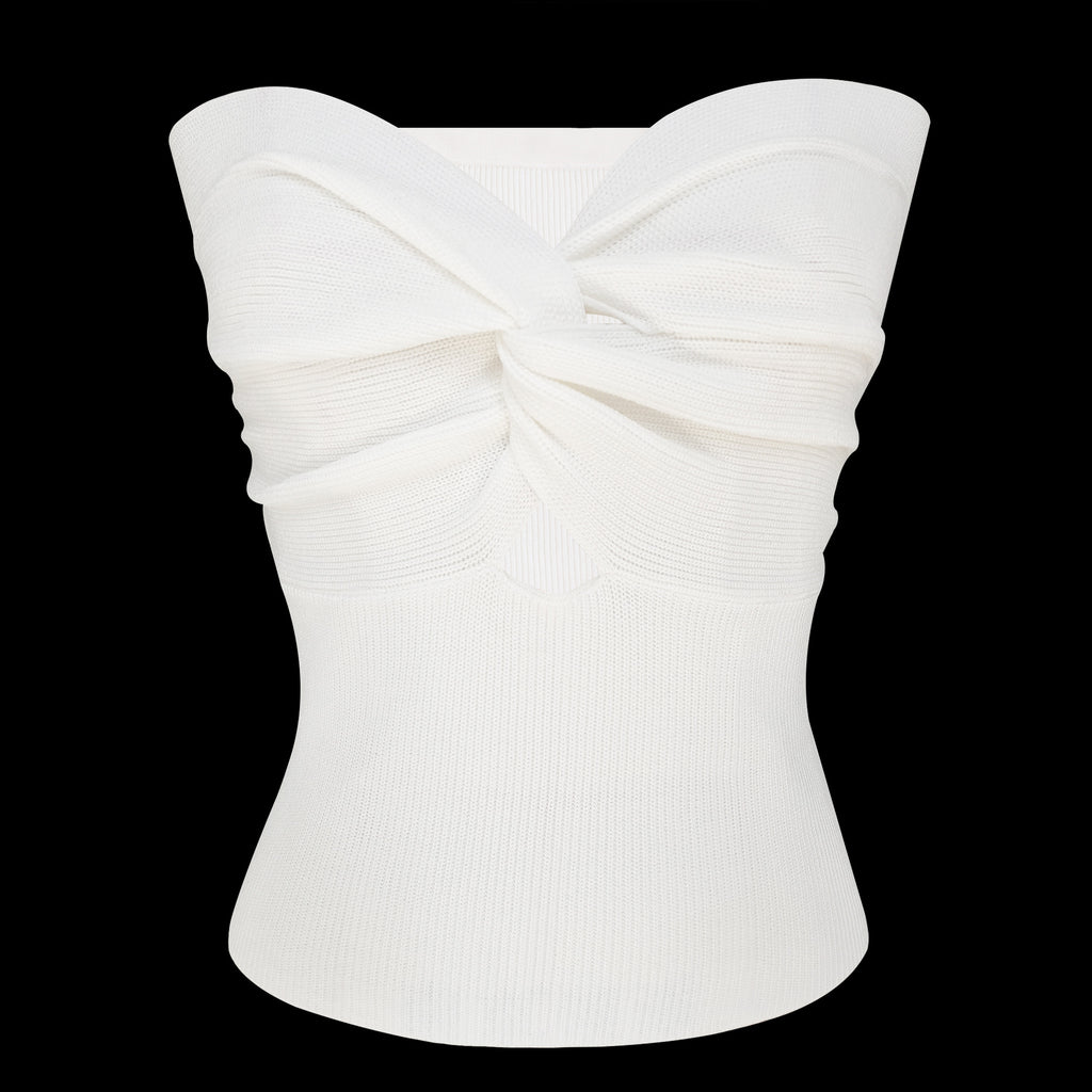 Twist Front Keyhole Knit Bandeau Top - White