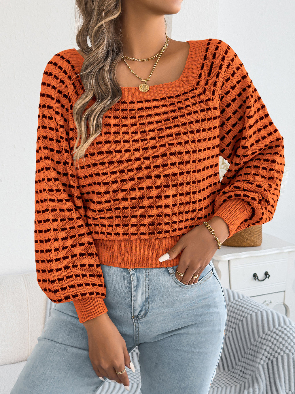 Cropped Square Neck Knit Top With Balloon Sleeves - Orange
