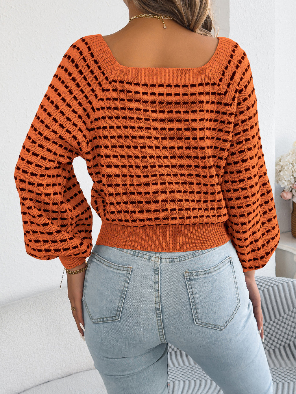 Cropped Square Neck Knit Top With Balloon Sleeves - Orange - 1
