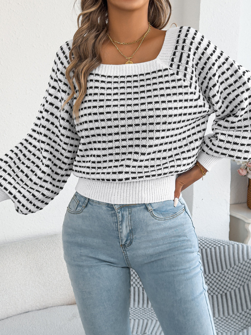 Cropped Square Neck Knit Top With Balloon Sleeves - White - 1